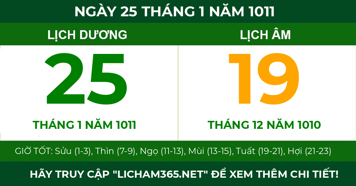 lịch âm ngày 25 tháng 1 năm 1011