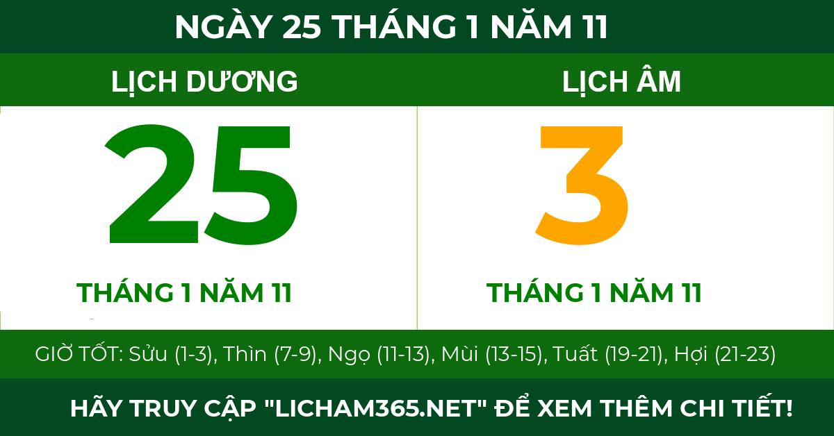lịch âm ngày 25 tháng 1 năm 11
