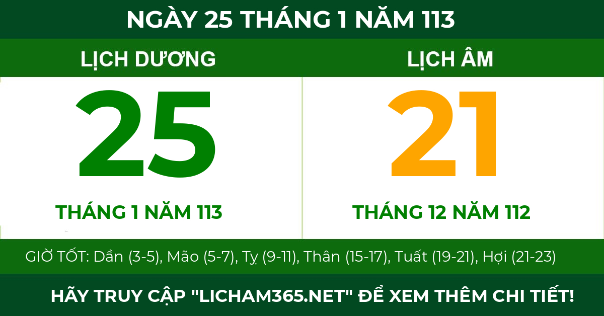lịch âm ngày 25 tháng 1 năm 113