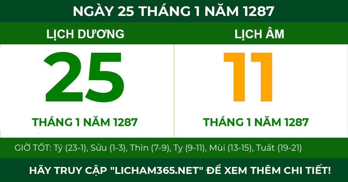 lịch âm ngày 25 tháng 1 năm 1287