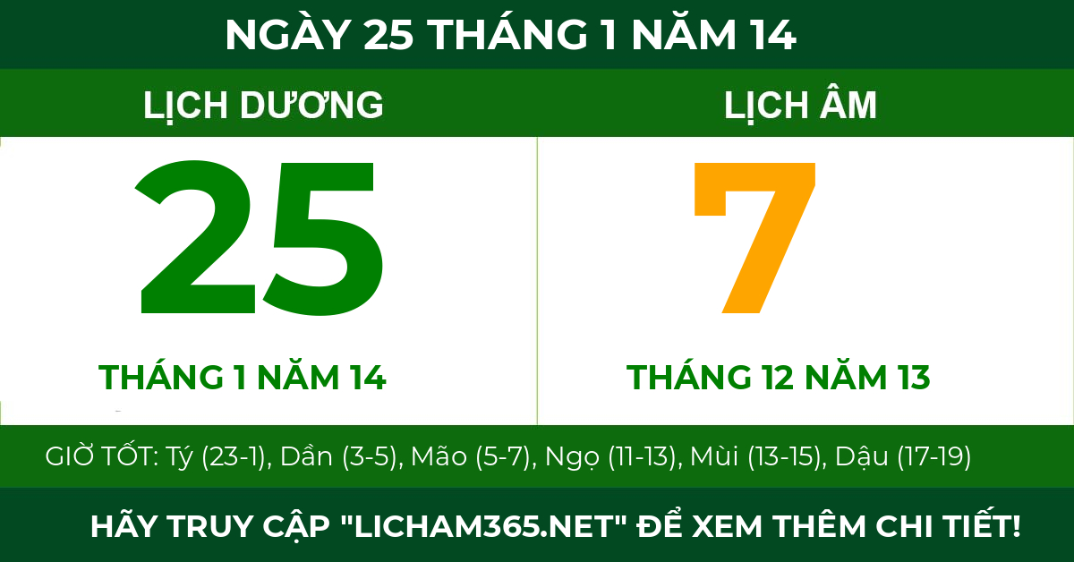 lịch âm ngày 25 tháng 1 năm 14