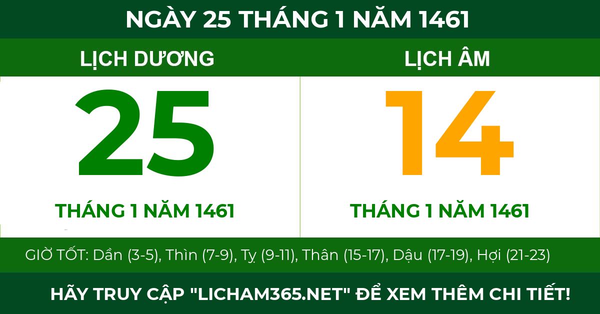 lịch âm ngày 25 tháng 1 năm 1461