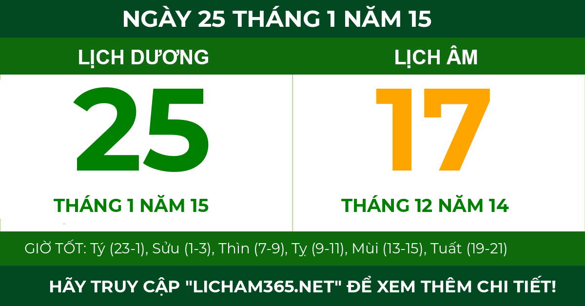 lịch âm ngày 25 tháng 1 năm 15