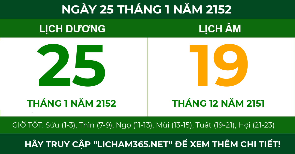lịch âm ngày 25 tháng 1 năm 2152