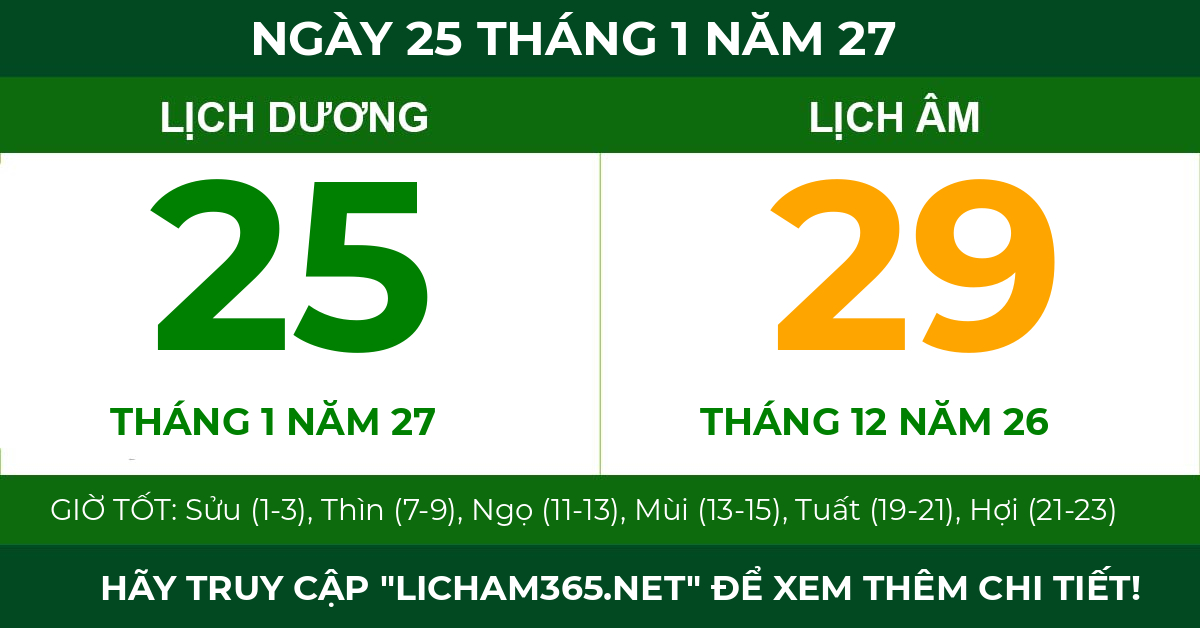 lịch âm ngày 25 tháng 1 năm 27