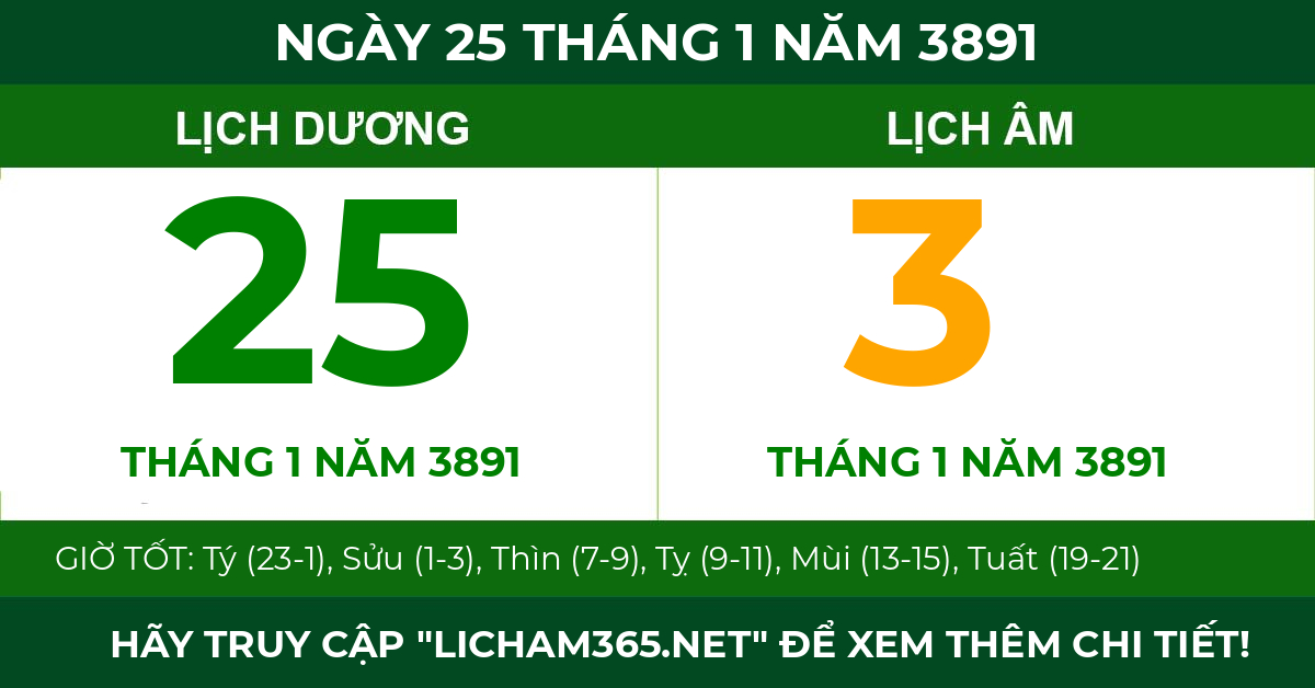 lịch âm ngày 25 tháng 1 năm 3891