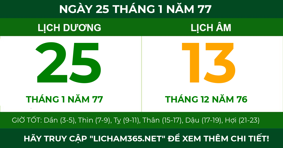 lịch âm ngày 25 tháng 1 năm 77
