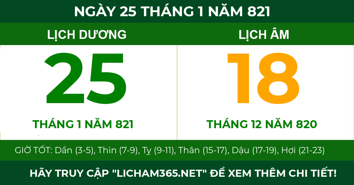 lịch âm ngày 25 tháng 1 năm 821