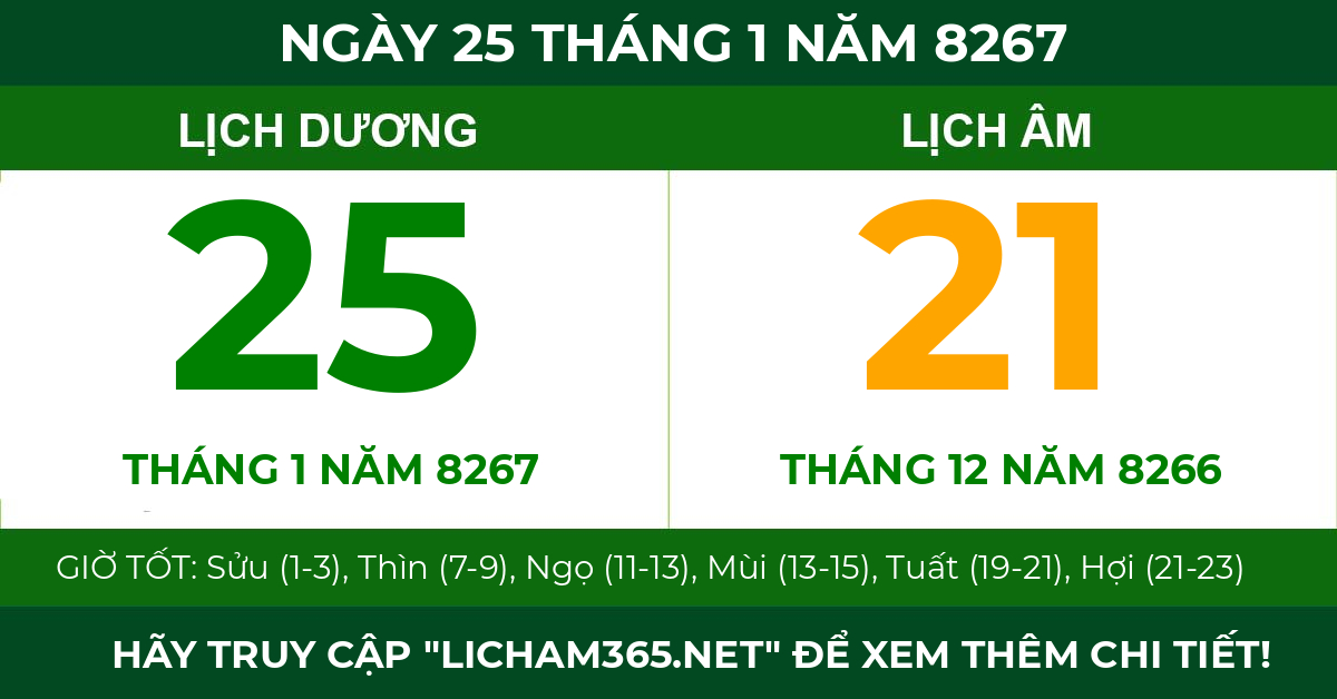 lịch âm ngày 25 tháng 1 năm 8267