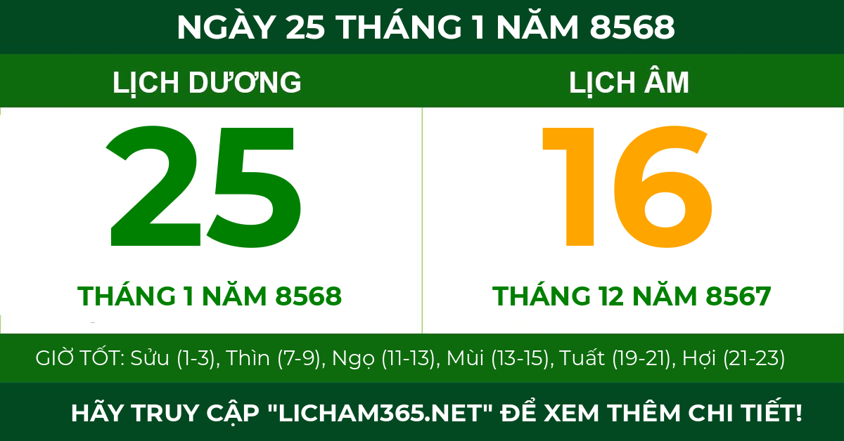 lịch âm ngày 25 tháng 1 năm 8568