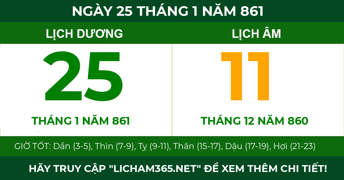 lịch âm ngày 25 tháng 1 năm 861