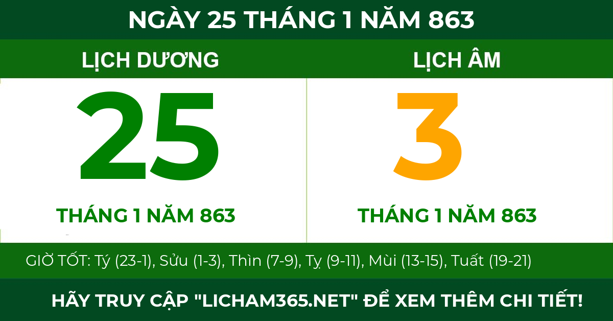 lịch âm ngày 25 tháng 1 năm 863