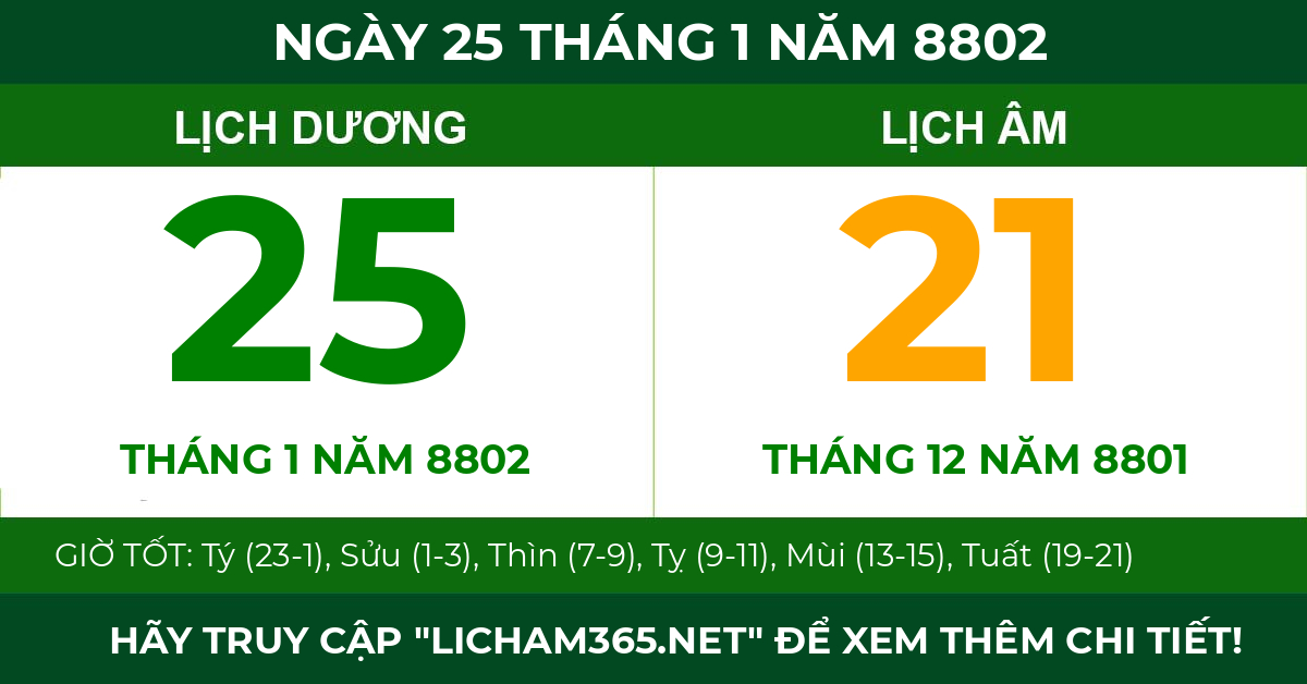 lịch âm ngày 25 tháng 1 năm 8802