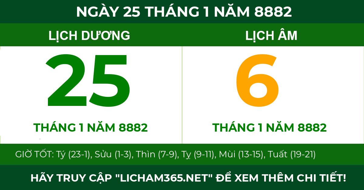 lịch âm ngày 25 tháng 1 năm 8882