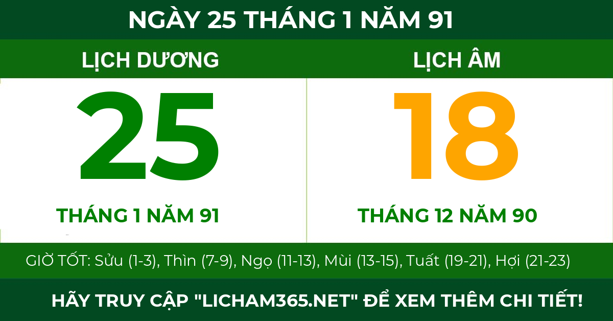 lịch âm ngày 25 tháng 1 năm 91