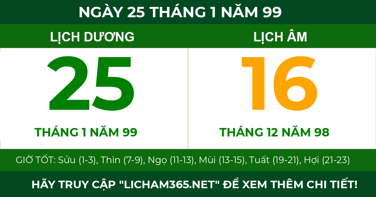 lịch âm ngày 25 tháng 1 năm 99
