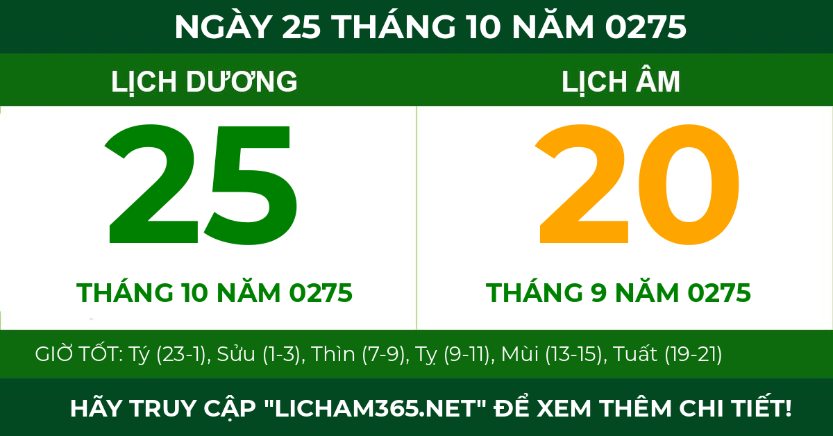 lịch âm ngày 25 tháng 10 năm 0275