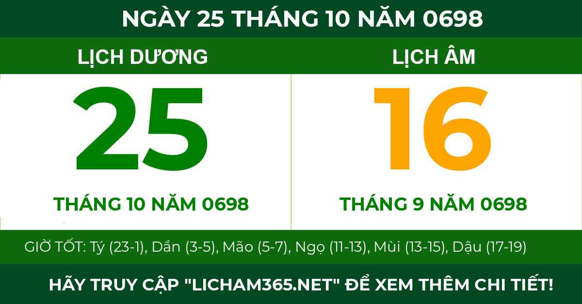 lịch âm ngày 25 tháng 10 năm 0698