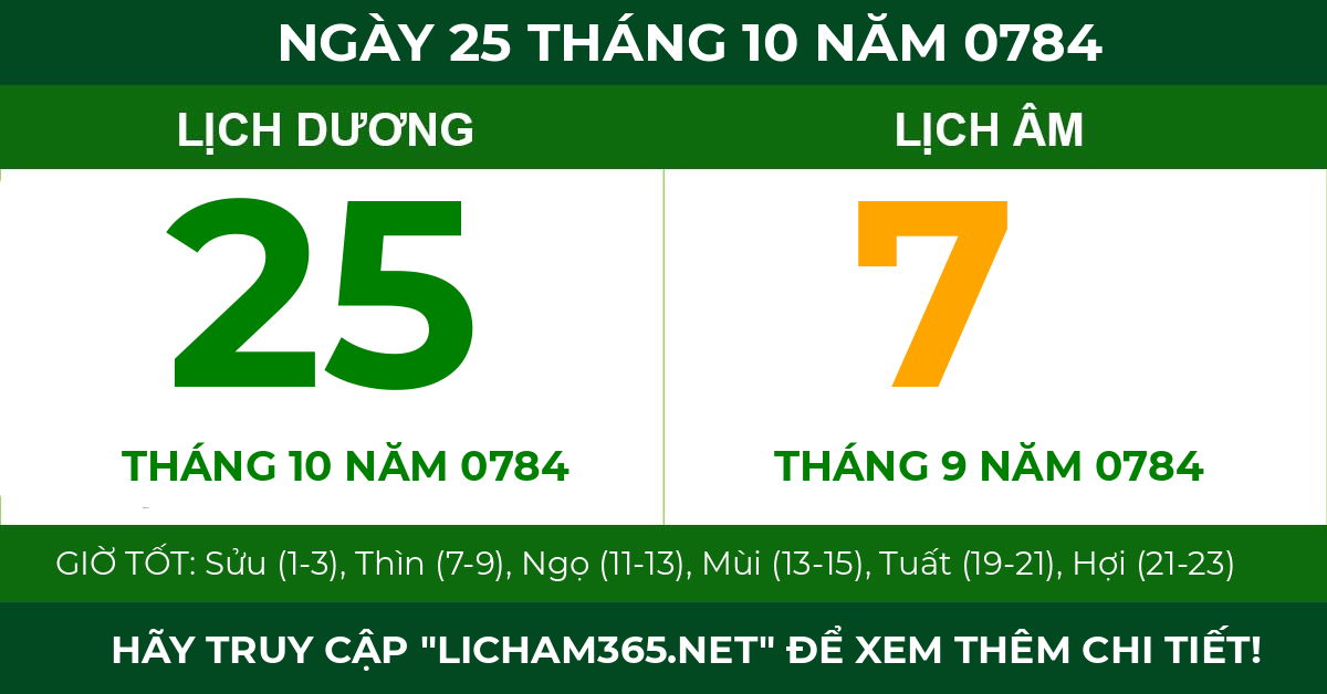 lịch âm ngày 25 tháng 10 năm 0784