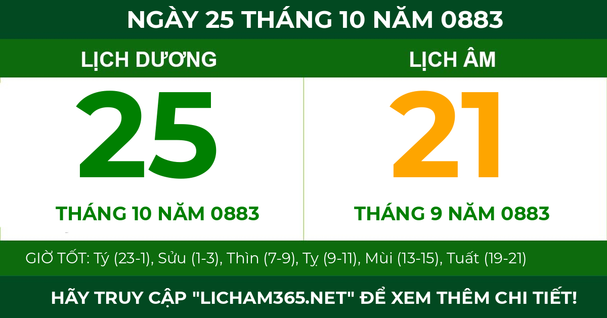 lịch âm ngày 25 tháng 10 năm 0883