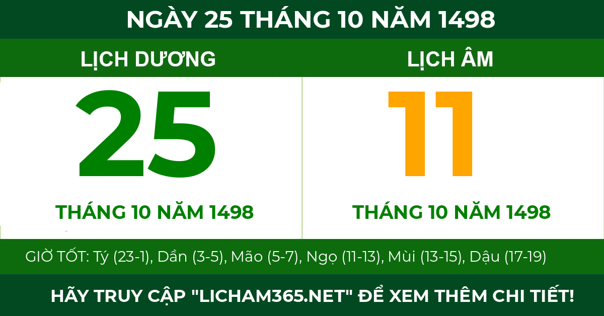 lịch âm ngày 25 tháng 10 năm 1498