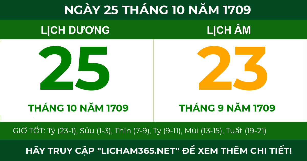 lịch âm ngày 25 tháng 10 năm 1709