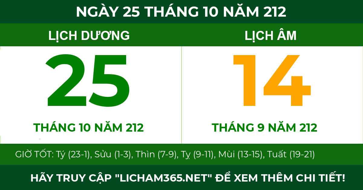 lịch âm ngày 25 tháng 10 năm 212