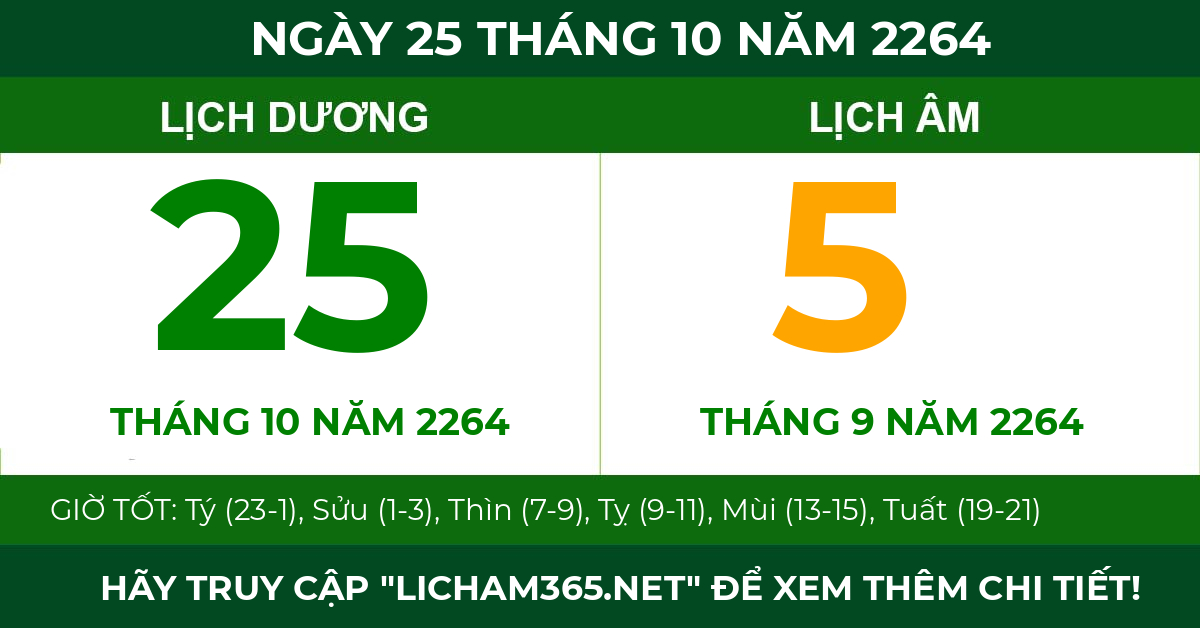 lịch âm ngày 25 tháng 10 năm 2264