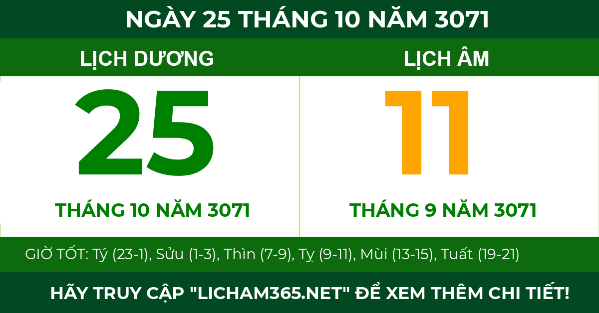 lịch âm ngày 25 tháng 10 năm 3071