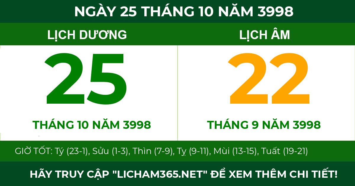 lịch âm ngày 25 tháng 10 năm 3998
