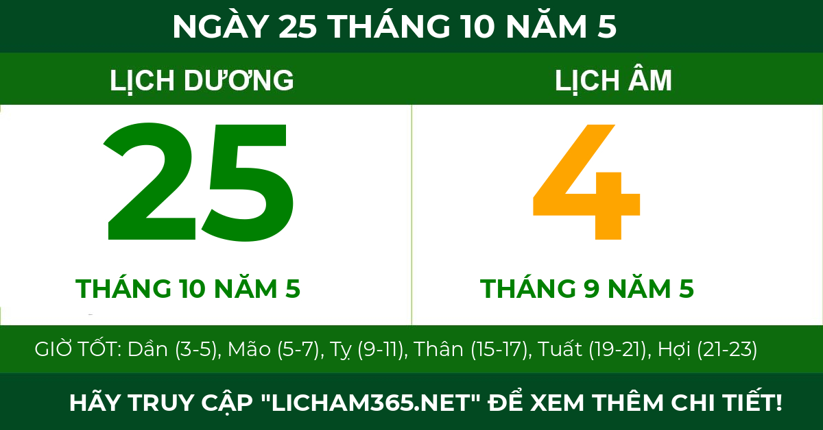 lịch âm ngày 25 tháng 10 năm 5