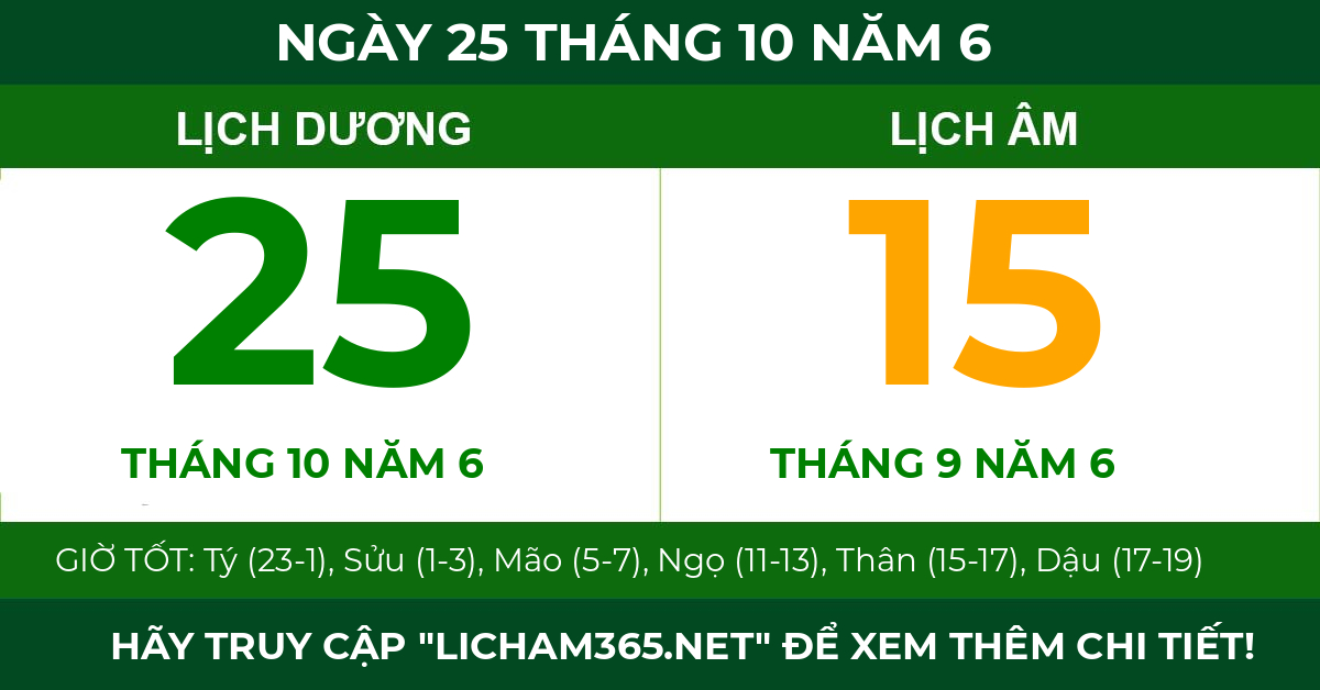 lịch âm ngày 25 tháng 10 năm 6