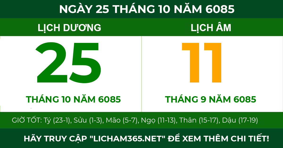 lịch âm ngày 25 tháng 10 năm 6085