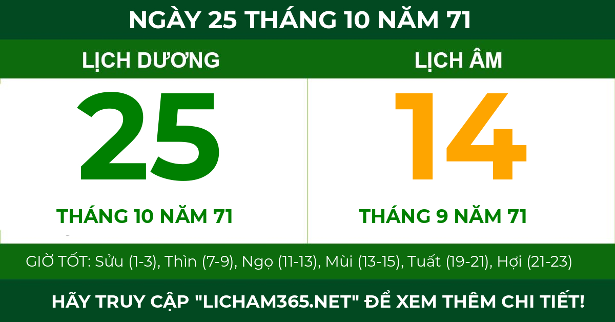 lịch âm ngày 25 tháng 10 năm 71