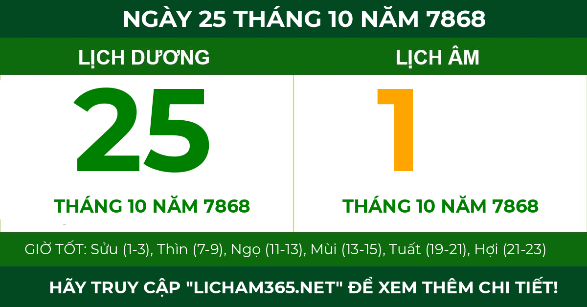 lịch âm ngày 25 tháng 10 năm 7868