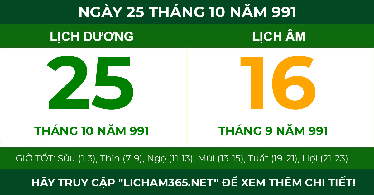 lịch âm ngày 25 tháng 10 năm 991