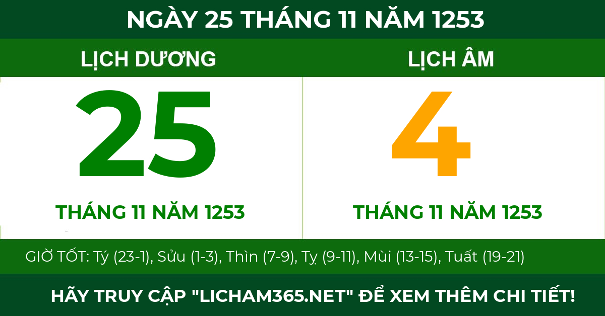 lịch âm ngày 25 tháng 11 năm 1253