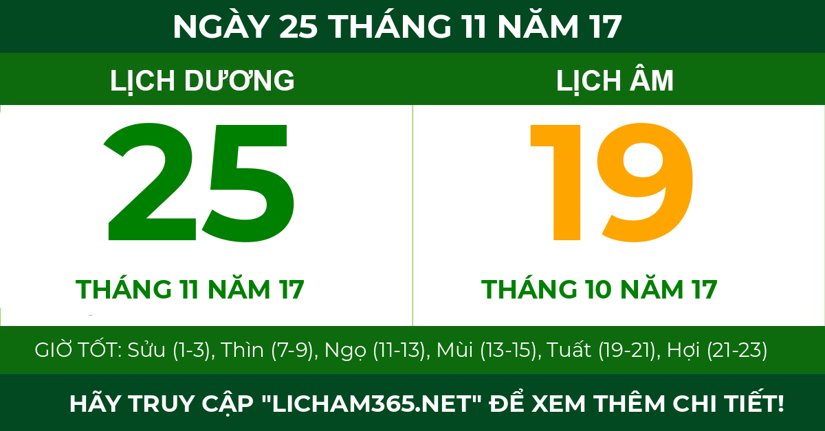 lịch âm ngày 25 tháng 11 năm 17