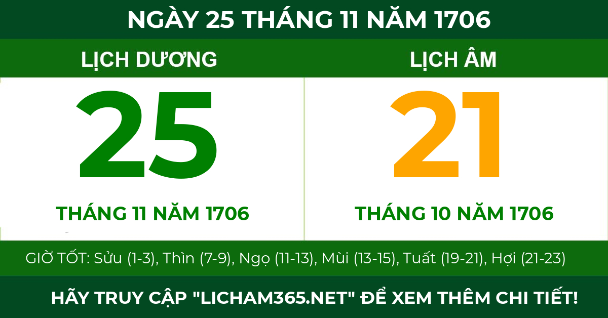 lịch âm ngày 25 tháng 11 năm 1706