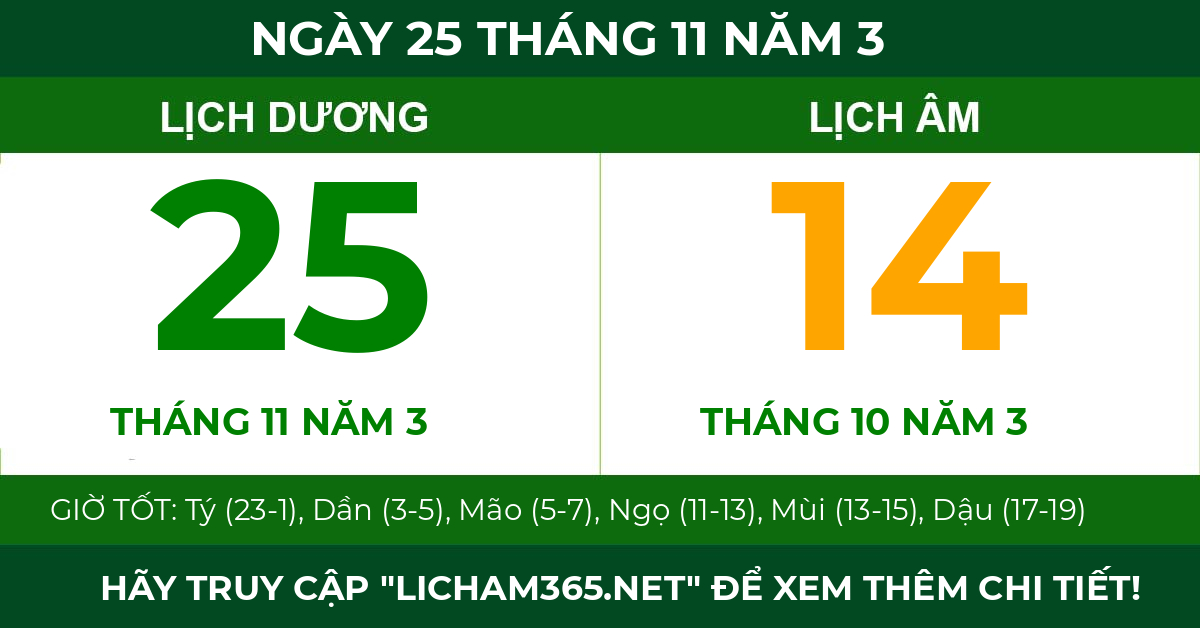 lịch âm ngày 25 tháng 11 năm 3