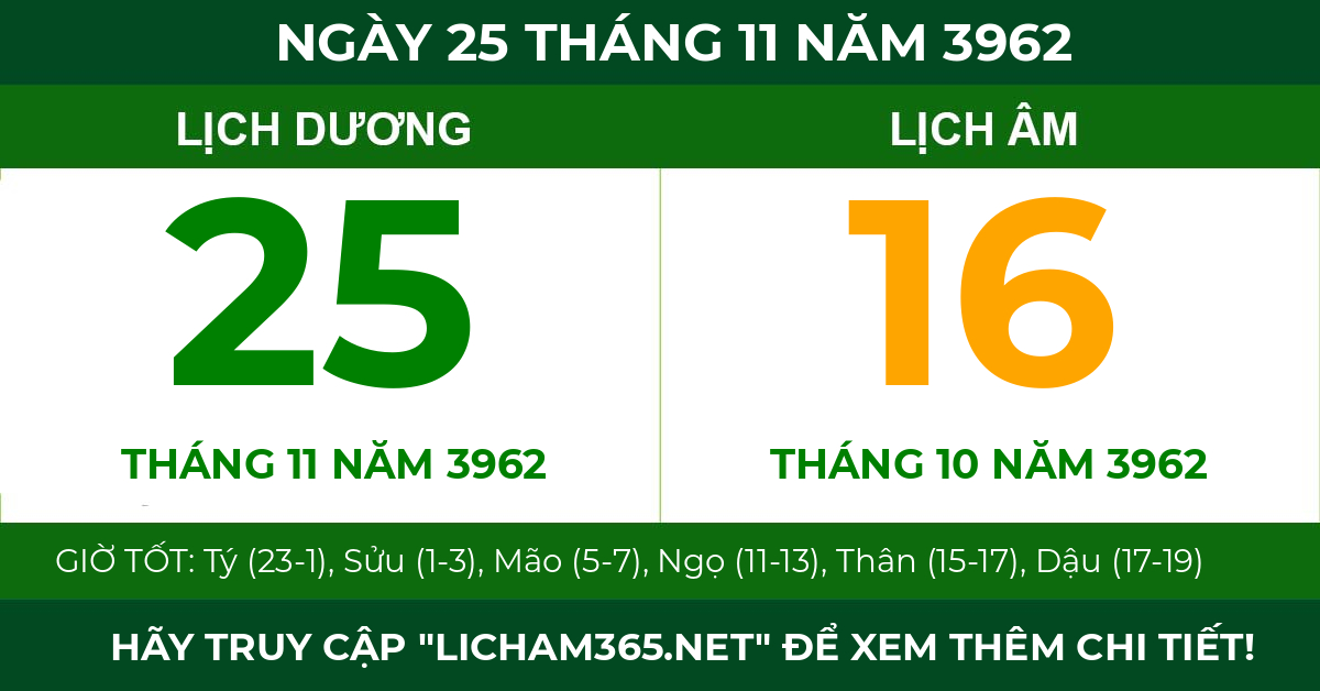 lịch âm ngày 25 tháng 11 năm 3962