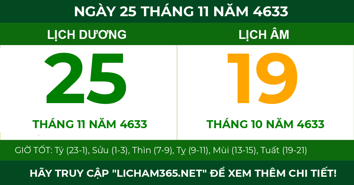 lịch âm ngày 25 tháng 11 năm 4633