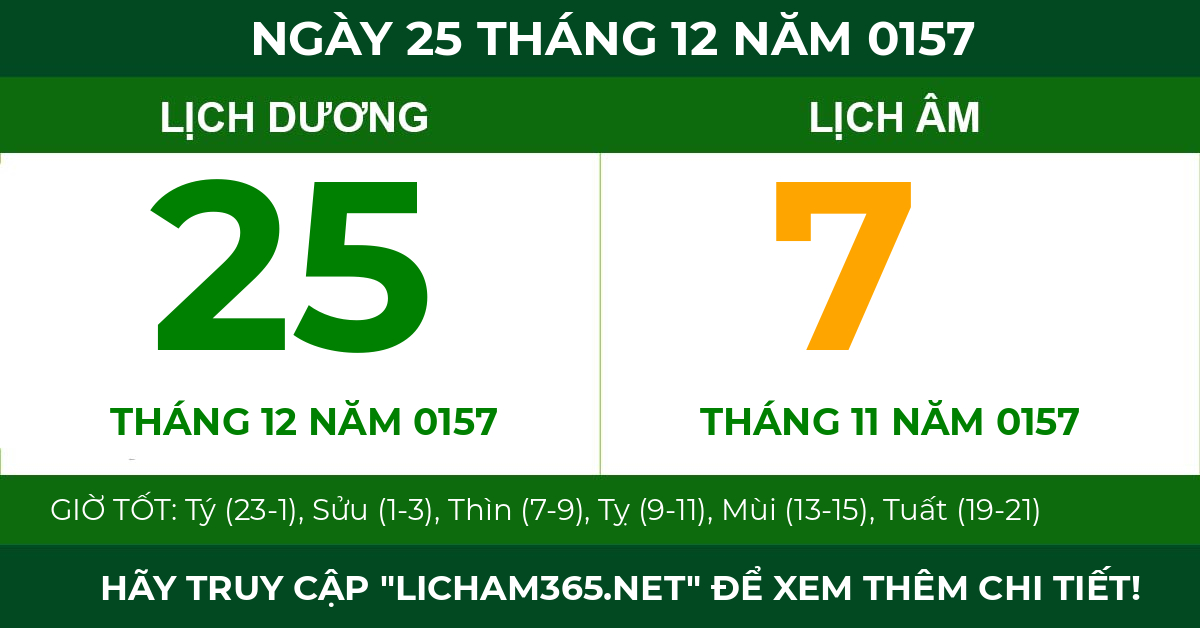 lịch âm ngày 25 tháng 12 năm 0157