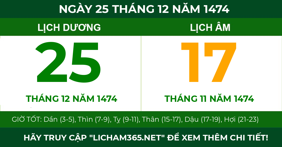 lịch âm ngày 25 tháng 12 năm 1474