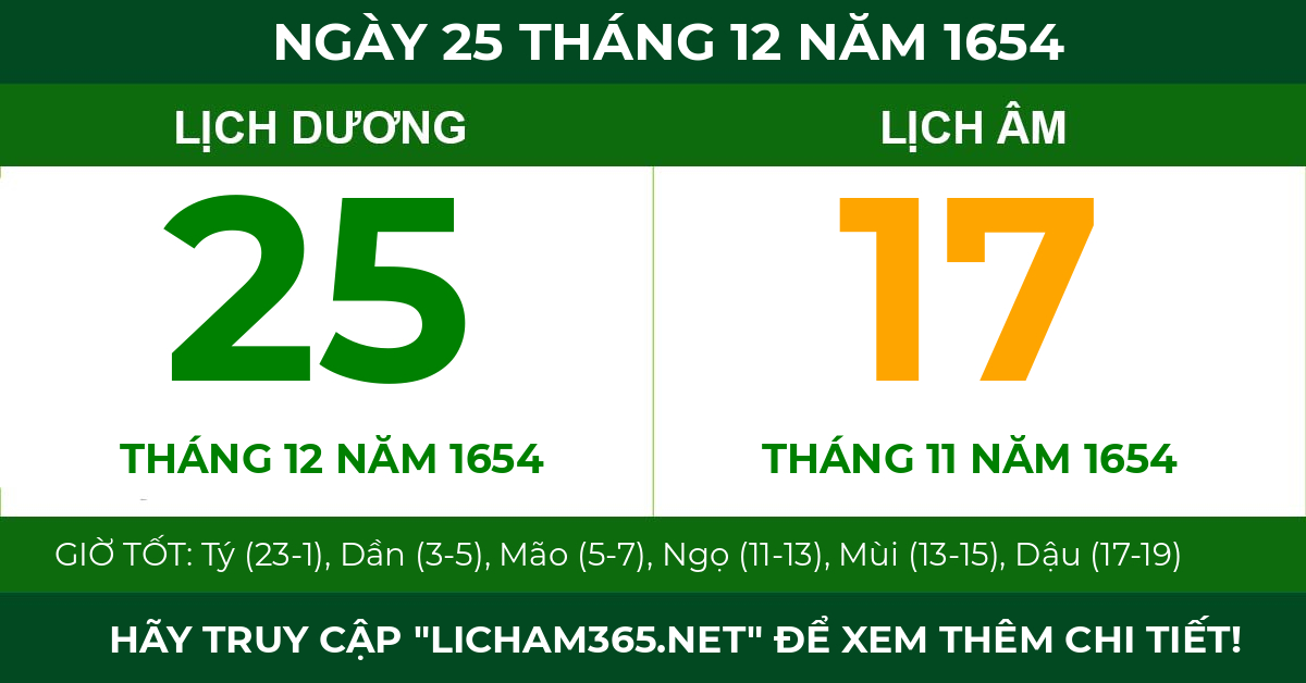 lịch âm ngày 25 tháng 12 năm 1654