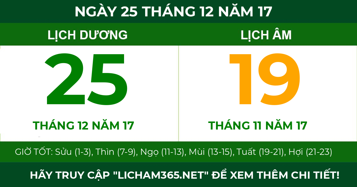 lịch âm ngày 25 tháng 12 năm 17