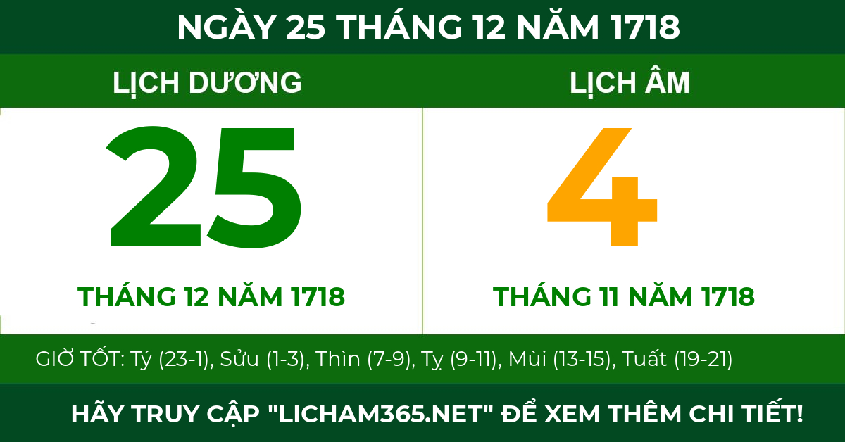 lịch âm ngày 25 tháng 12 năm 1718