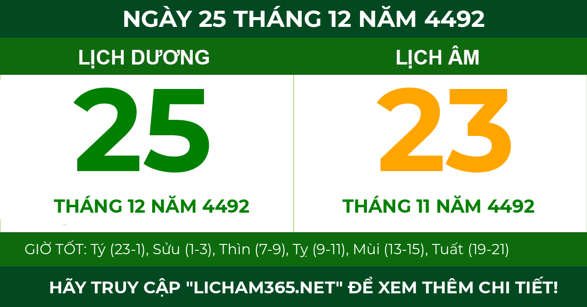 lịch âm ngày 25 tháng 12 năm 4492