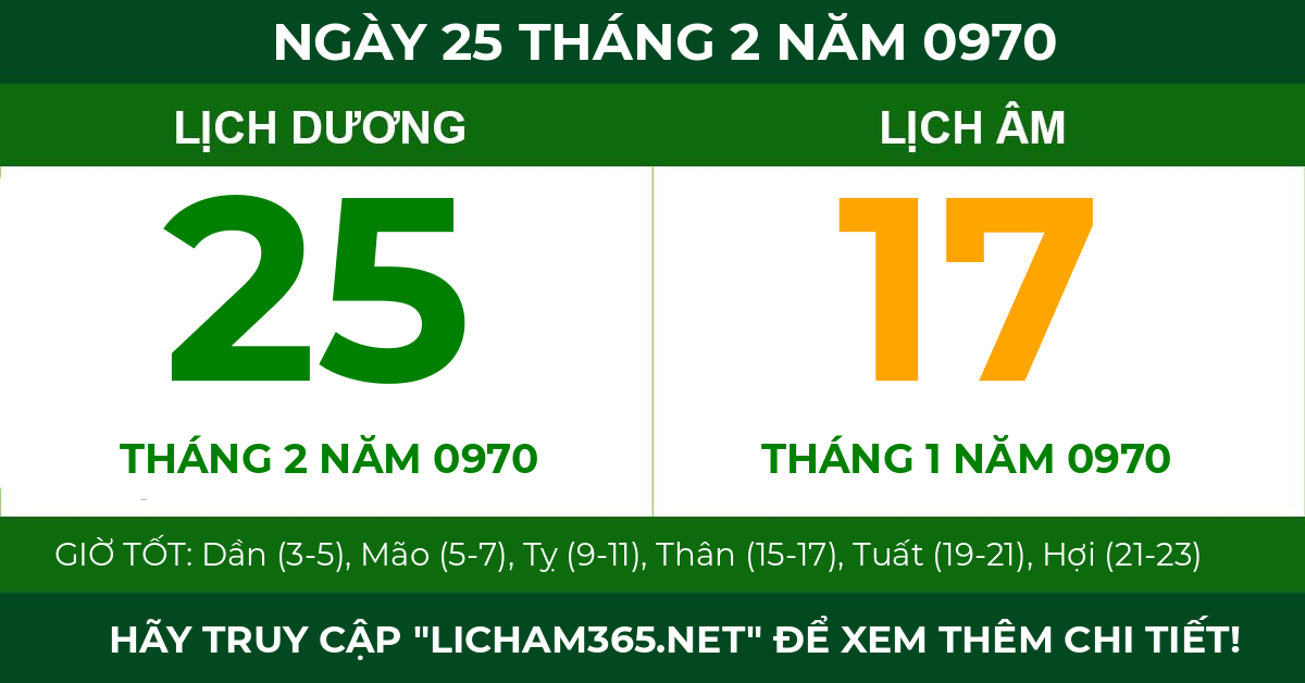 lịch âm ngày 25 tháng 2 năm 0970