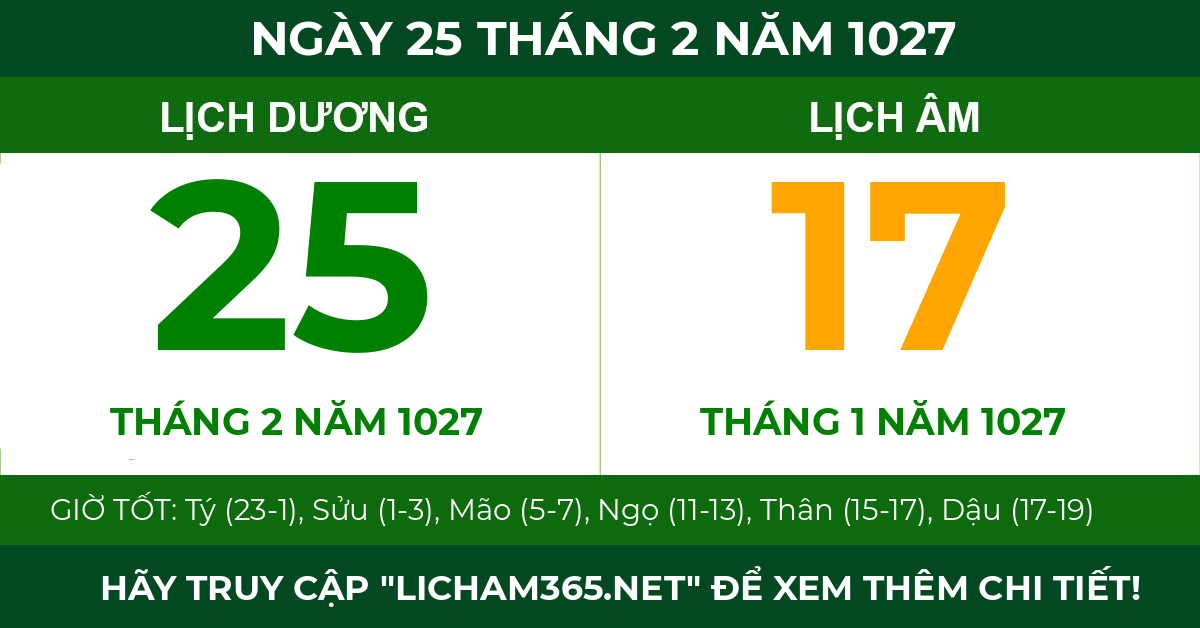lịch âm ngày 25 tháng 2 năm 1027
